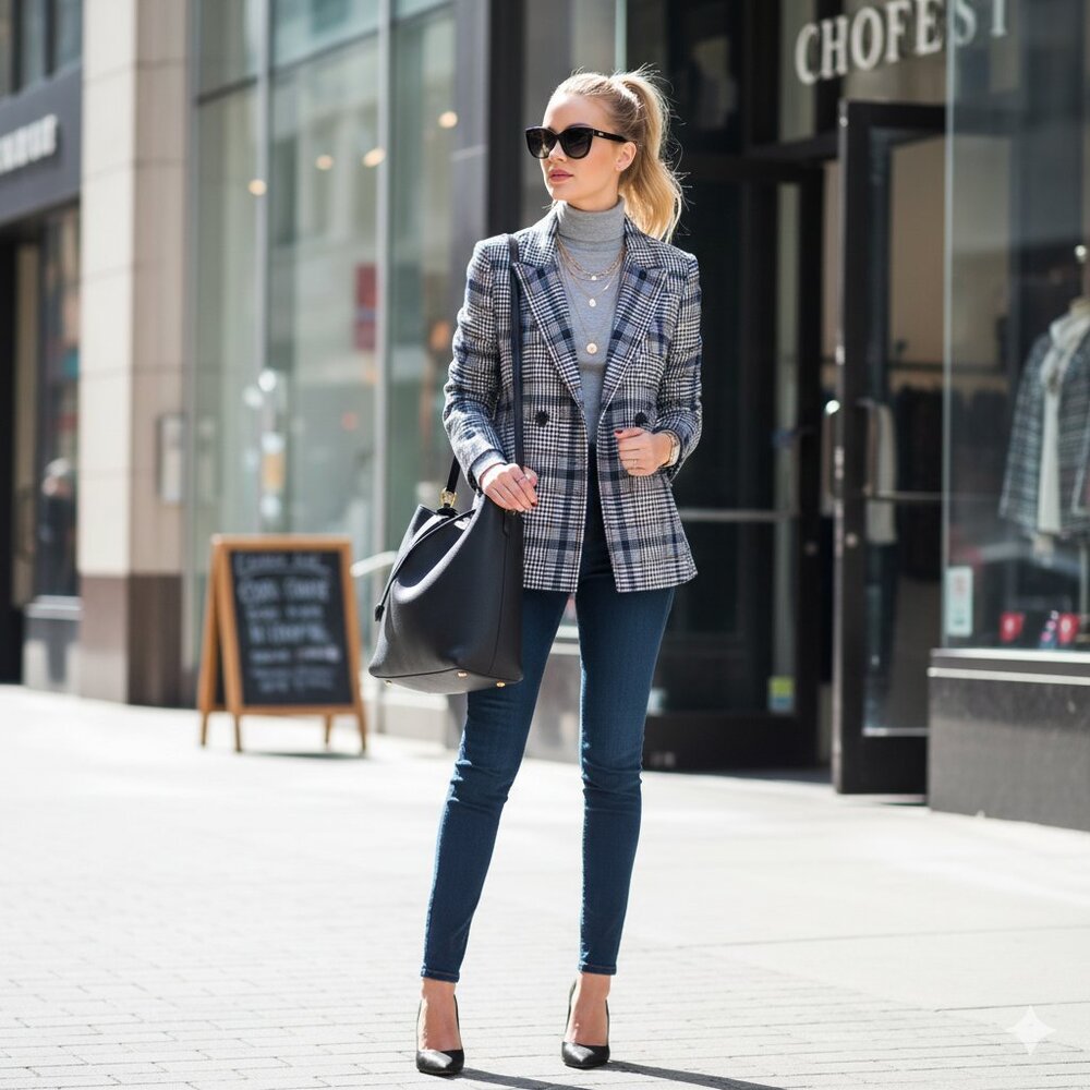 NWOT Simons Icone double breast blue, white, red black plaid houndstooth blazer
